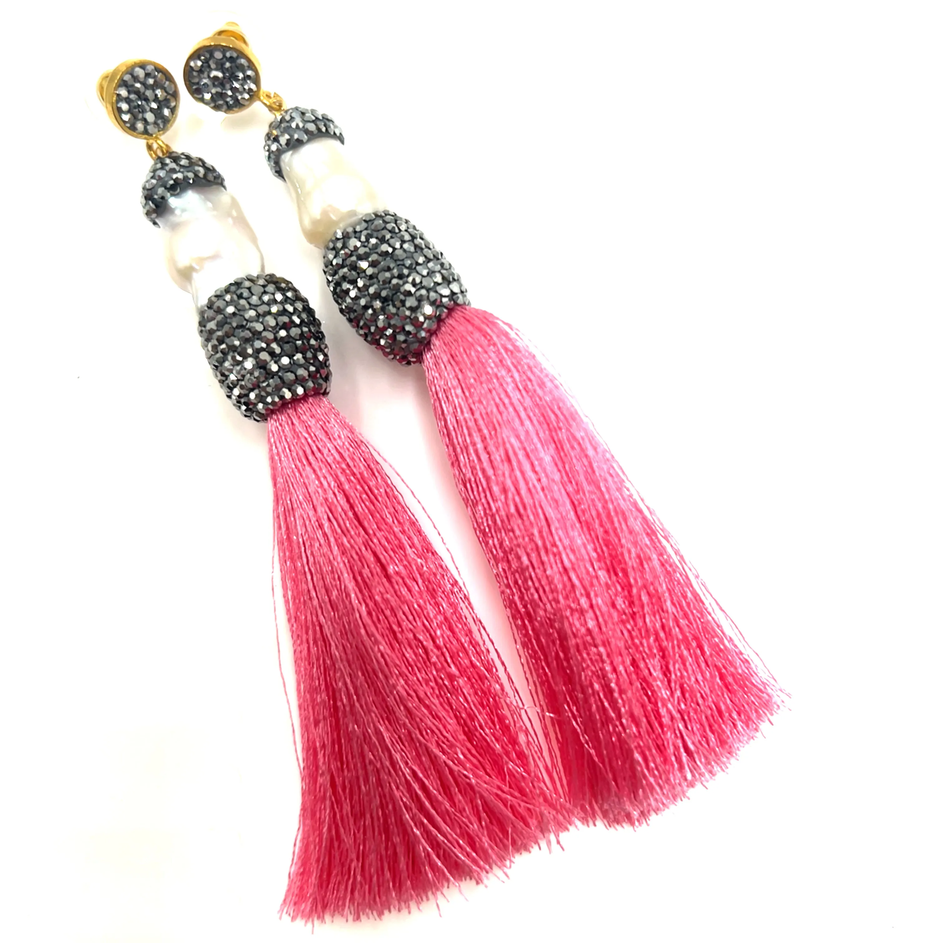 Baroque Cultured Pearl Silver Crystal Gold Plated Tassel Earring