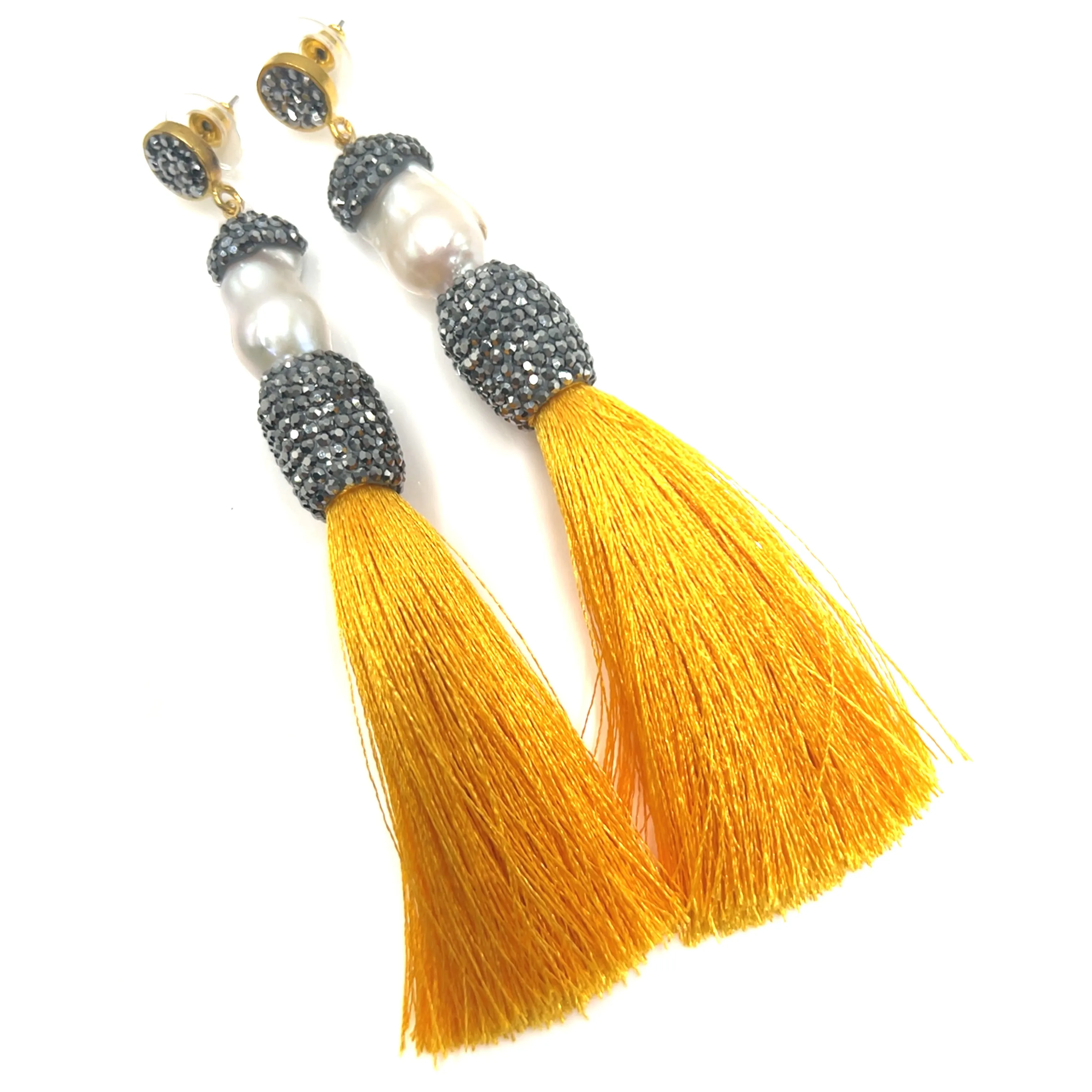Baroque Cultured Pearl Silver Crystal Gold Plated Tassel Earring