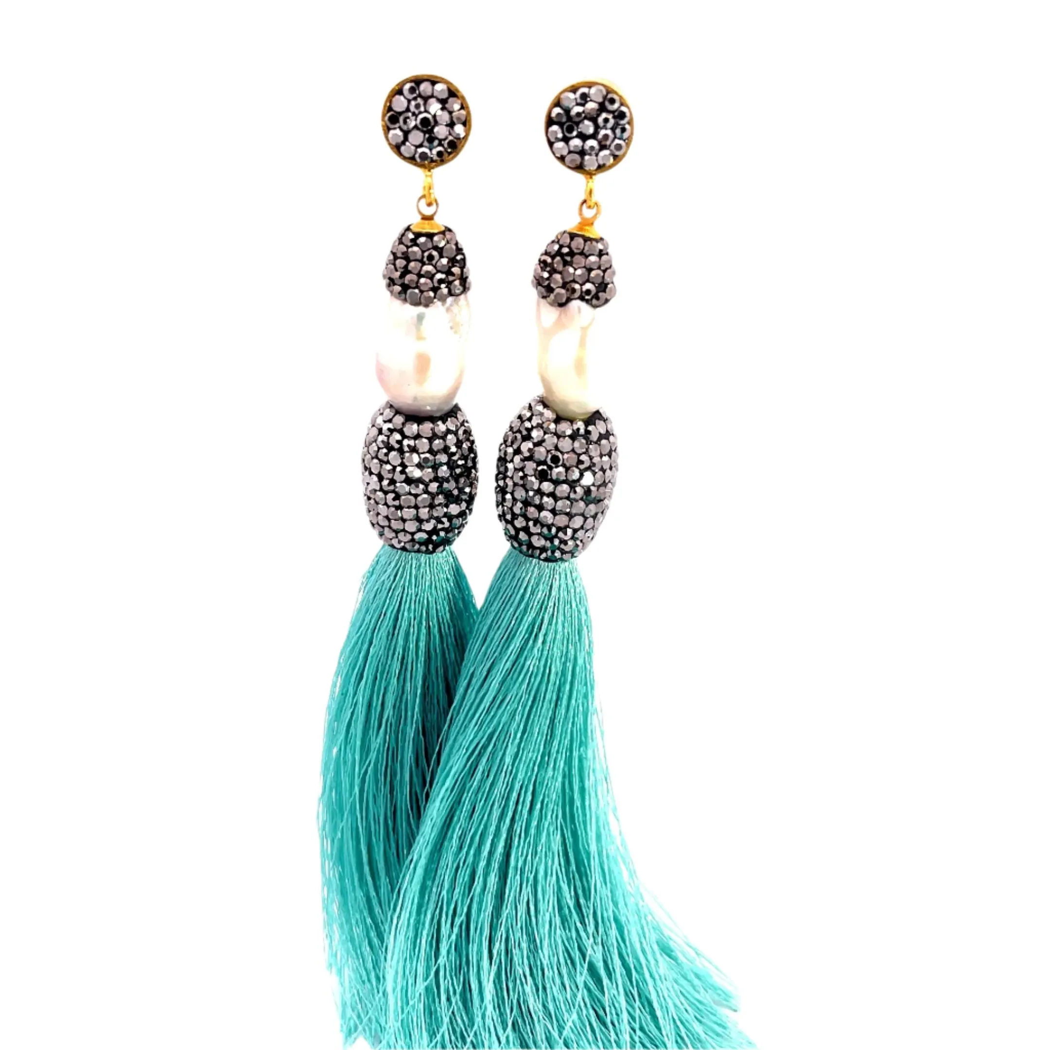 Baroque Cultured Pearl Silver Crystal Gold Plated Tassel Earring