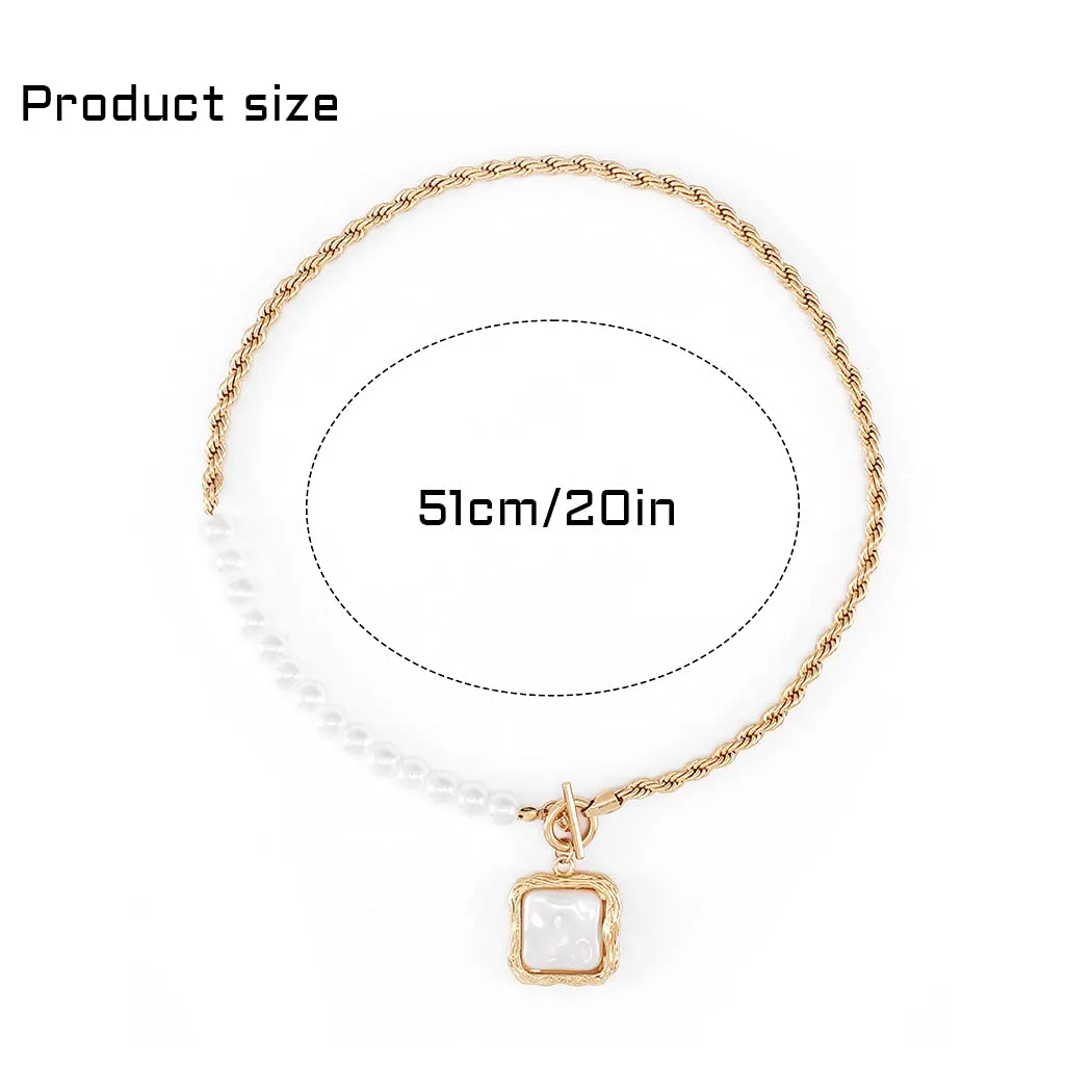 Baroque Pearl Choker Square Pendant Gold Chain Necklace