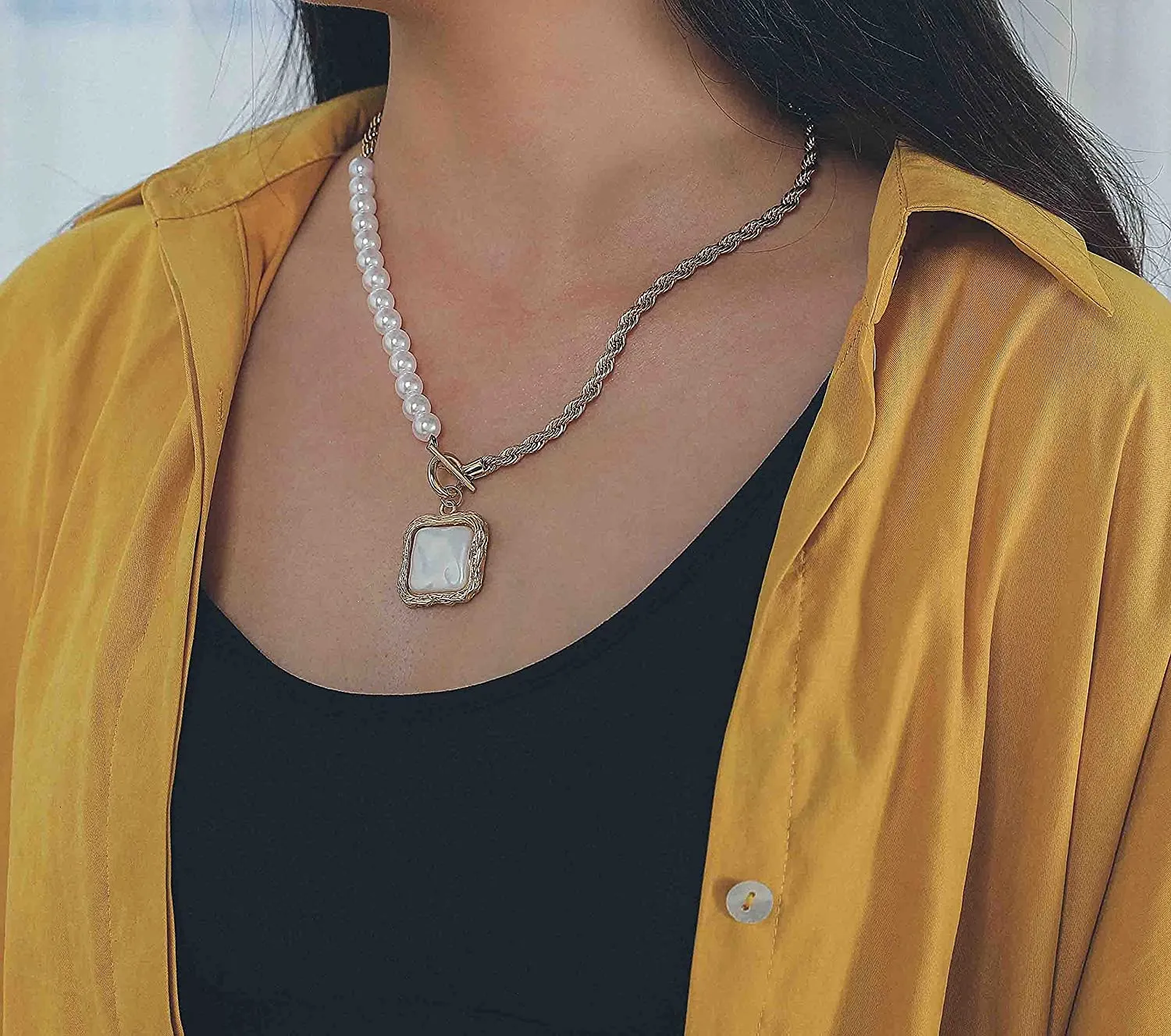Baroque Pearl Choker Square Pendant Gold Chain Necklace