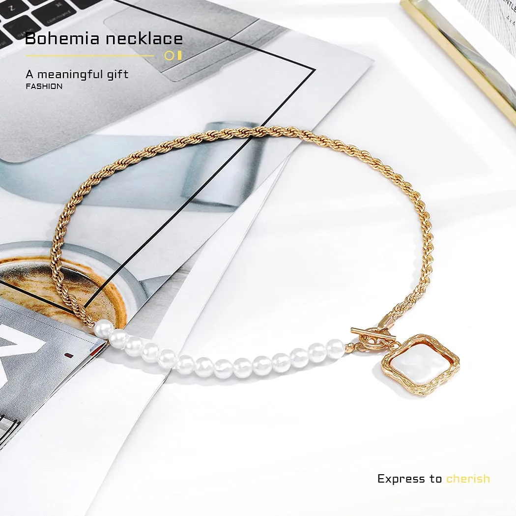 Baroque Pearl Choker Square Pendant Gold Chain Necklace
