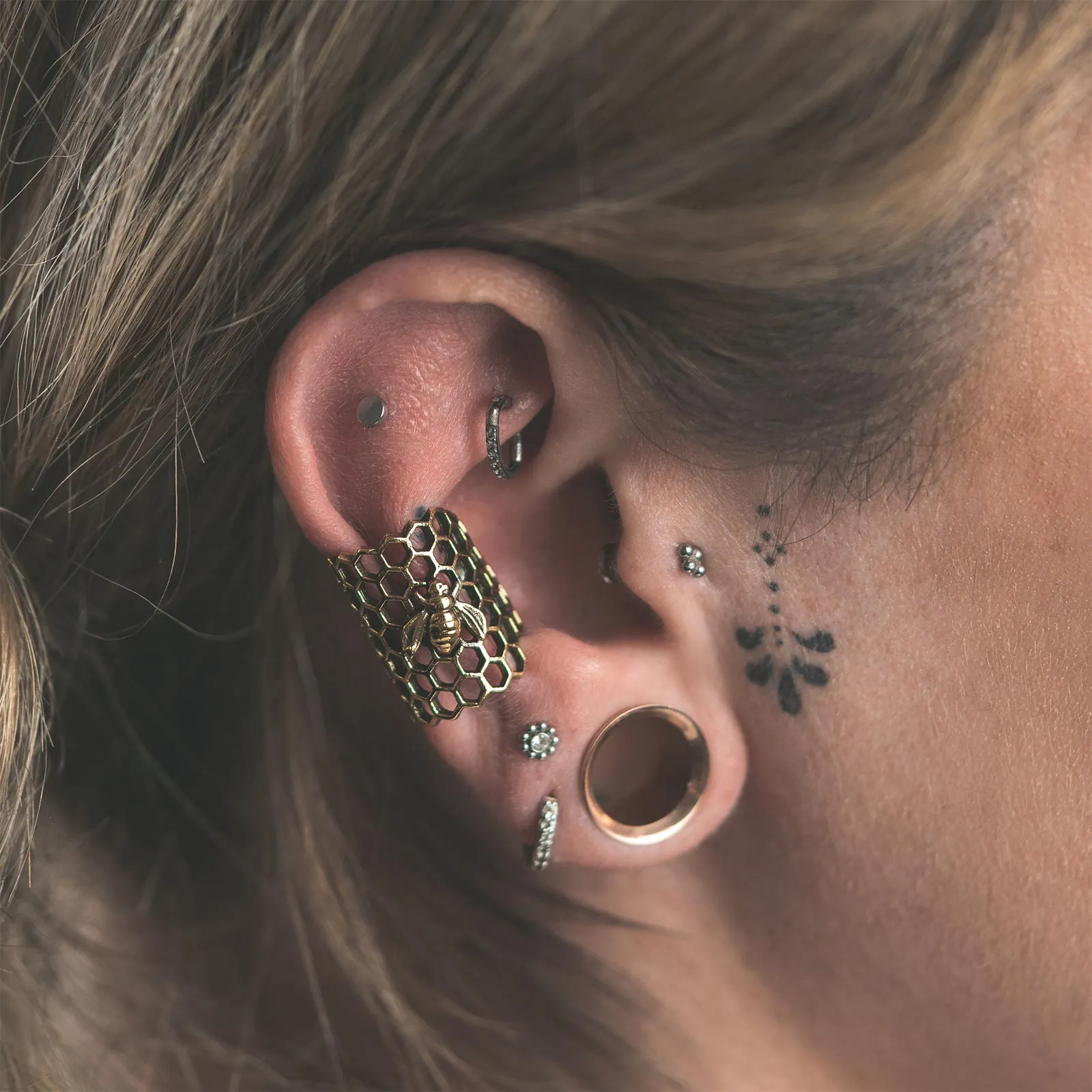 Bee & Honeycomb Brass Ear Cuff