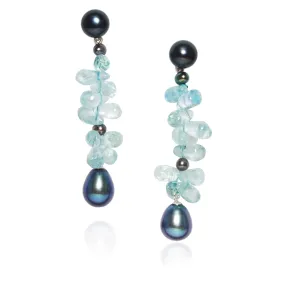 Black Freshwater Pearl & Aquamarine 'Twinkling Light' Earrings