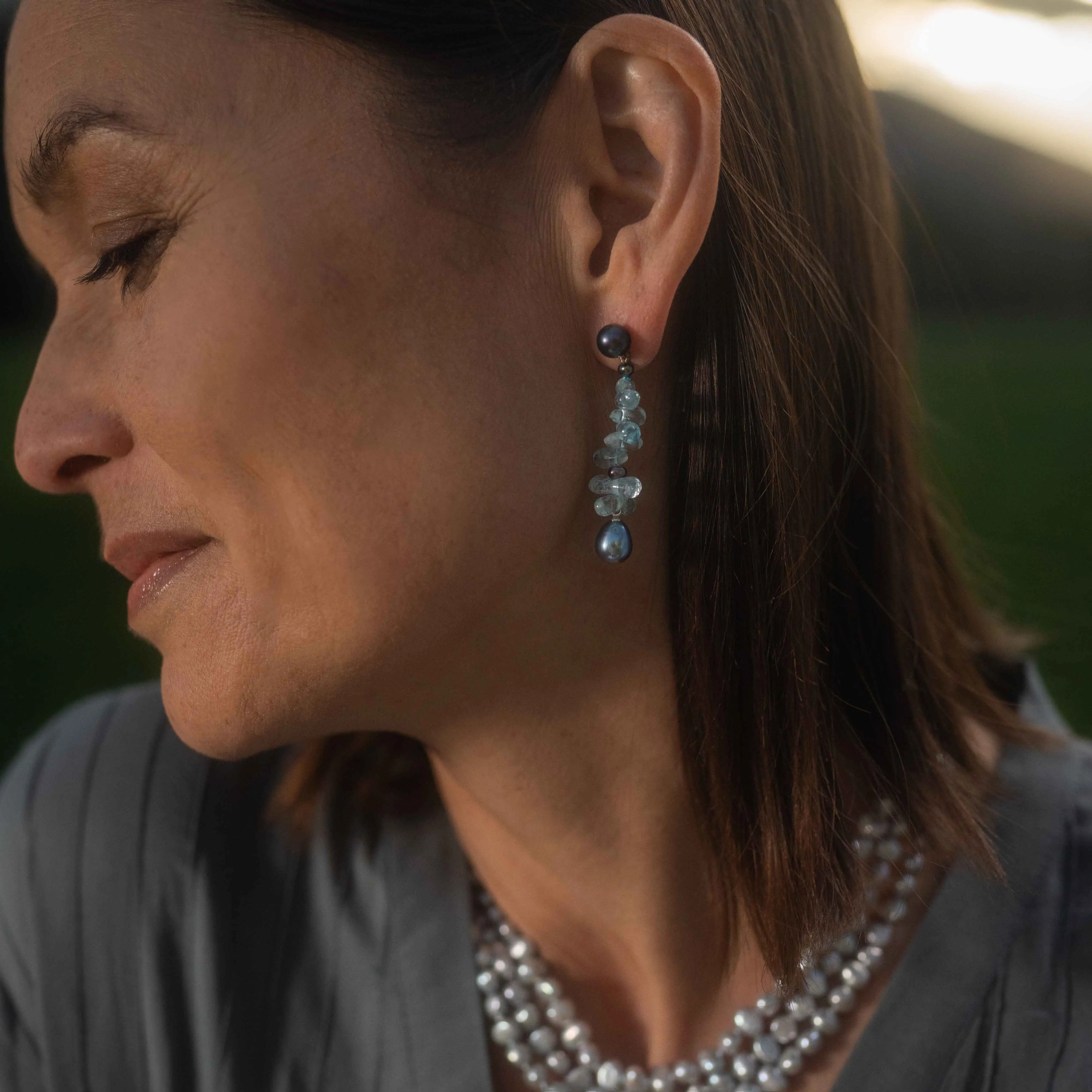 Black Freshwater Pearl & Aquamarine 'Twinkling Light' Earrings