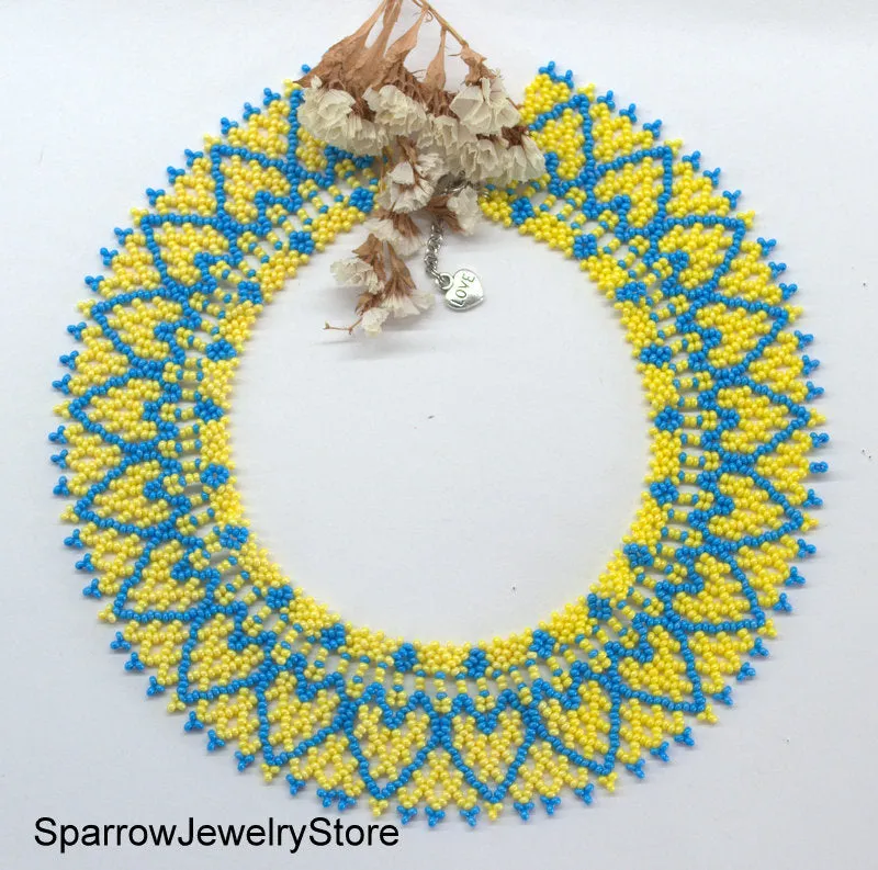 Blue yellow seed beaded choker necklace Summer gift idea for her Minimalist seed bead jewelry Ukraine behemian necklace Summer jewelry gifts