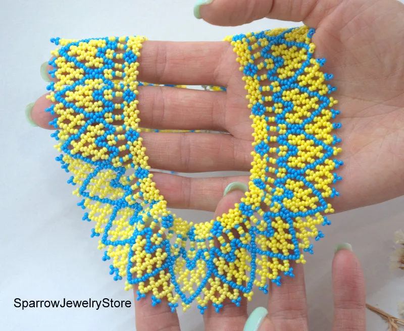 Blue yellow seed beaded choker necklace Summer gift idea for her Minimalist seed bead jewelry Ukraine behemian necklace Summer jewelry gifts