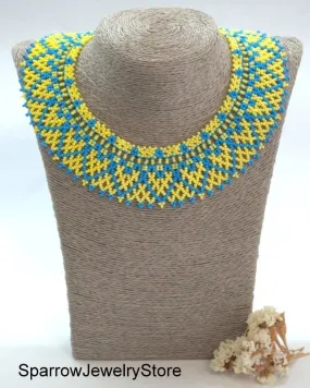 Blue yellow seed beaded choker necklace Summer gift idea for her Minimalist seed bead jewelry Ukraine behemian necklace Summer jewelry gifts