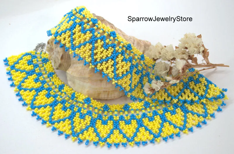 Blue yellow seed beaded choker necklace Summer gift idea for her Minimalist seed bead jewelry Ukraine behemian necklace Summer jewelry gifts