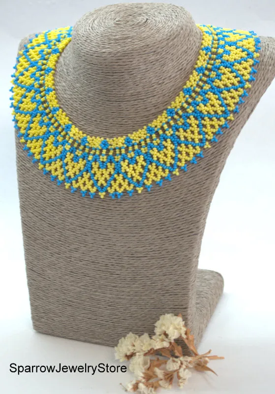 Blue yellow seed beaded choker necklace Summer gift idea for her Minimalist seed bead jewelry Ukraine behemian necklace Summer jewelry gifts