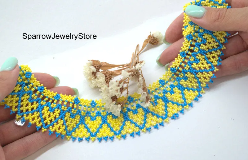 Blue yellow seed beaded choker necklace Summer gift idea for her Minimalist seed bead jewelry Ukraine behemian necklace Summer jewelry gifts