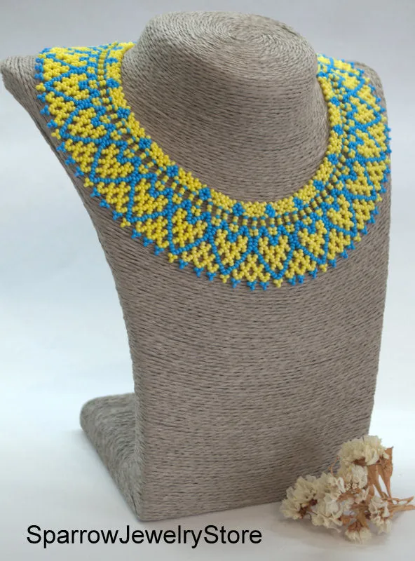 Blue yellow seed beaded choker necklace Summer gift idea for her Minimalist seed bead jewelry Ukraine behemian necklace Summer jewelry gifts