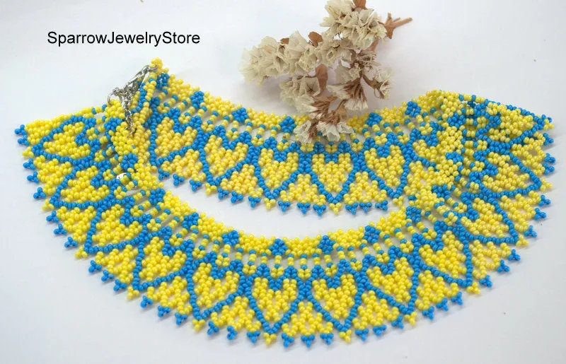 Blue yellow seed beaded choker necklace Summer gift idea for her Minimalist seed bead jewelry Ukraine behemian necklace Summer jewelry gifts