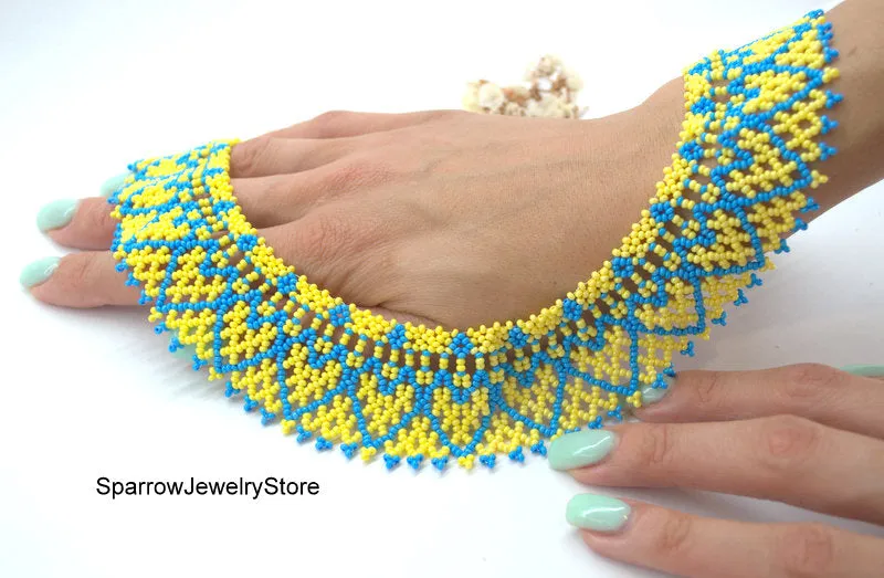 Blue yellow seed beaded choker necklace Summer gift idea for her Minimalist seed bead jewelry Ukraine behemian necklace Summer jewelry gifts
