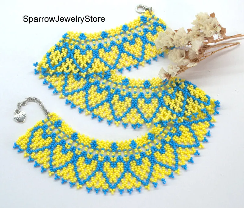 Blue yellow seed beaded choker necklace Summer gift idea for her Minimalist seed bead jewelry Ukraine behemian necklace Summer jewelry gifts