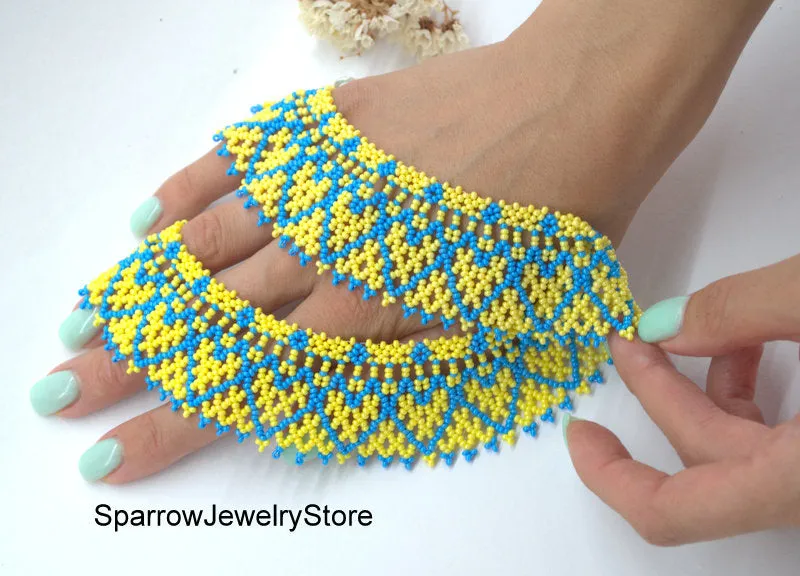 Blue yellow seed beaded choker necklace Summer gift idea for her Minimalist seed bead jewelry Ukraine behemian necklace Summer jewelry gifts