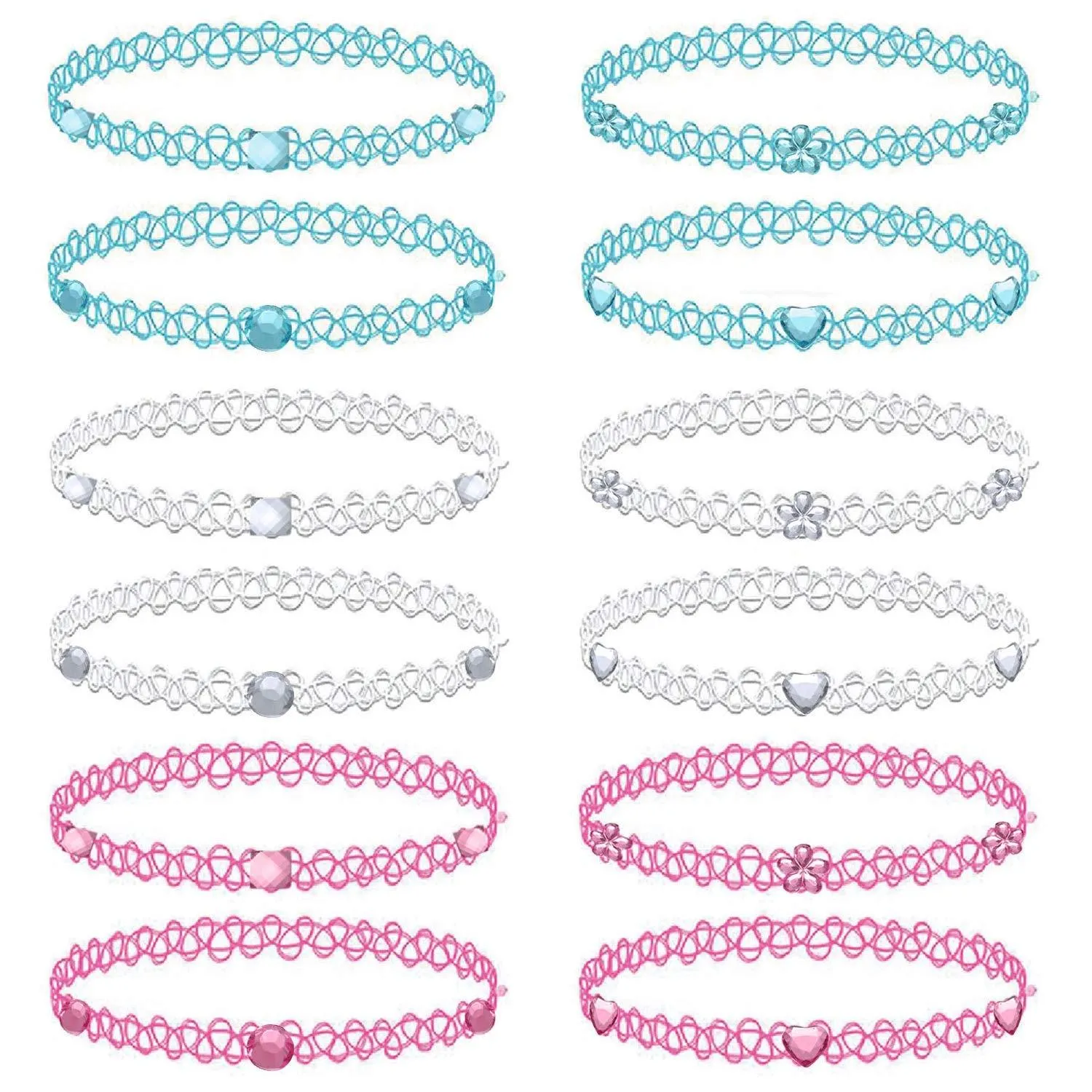 BodyJ4You 12PC Choker Necklace Set Aqua White Pink Stretch Elastic Jewelry Women Girl Kids Gift Pack