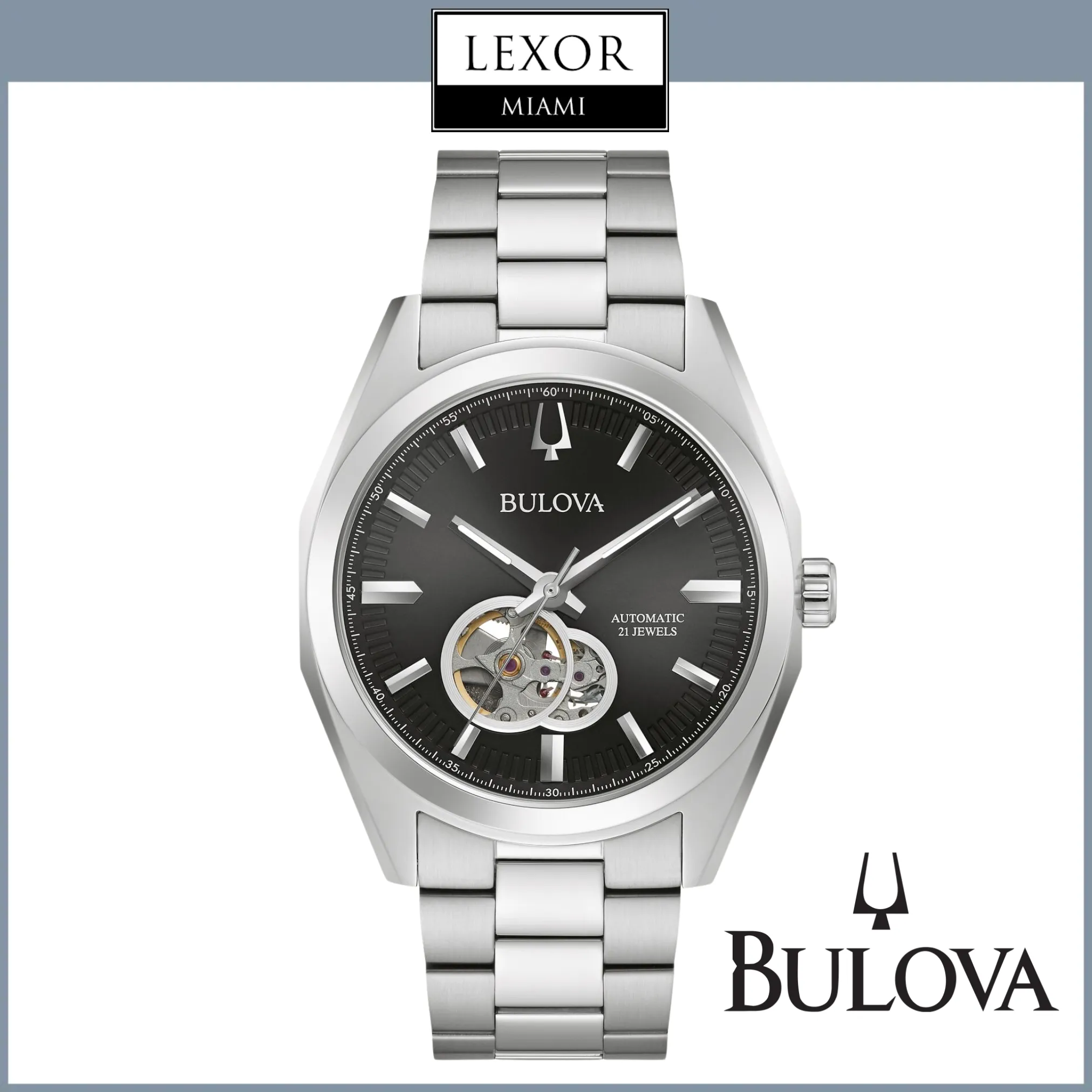 Bulova 96A270 Bulova Surveyor Automatic Watch with Black Skeleton Dial Men Watches Lexor Miami