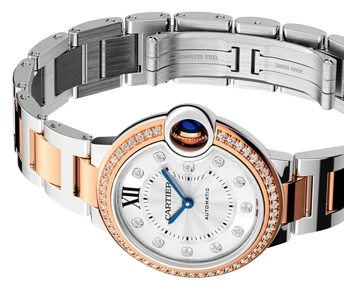 Cartier Ballon Bleu Automatic Stainless Steel & Rose Gold Silver-Tone Dial Diamonds Womens Watch WE902077