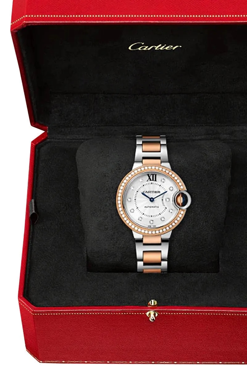 Cartier Ballon Bleu Automatic Stainless Steel & Rose Gold Silver-Tone Dial Diamonds Womens Watch WE902077