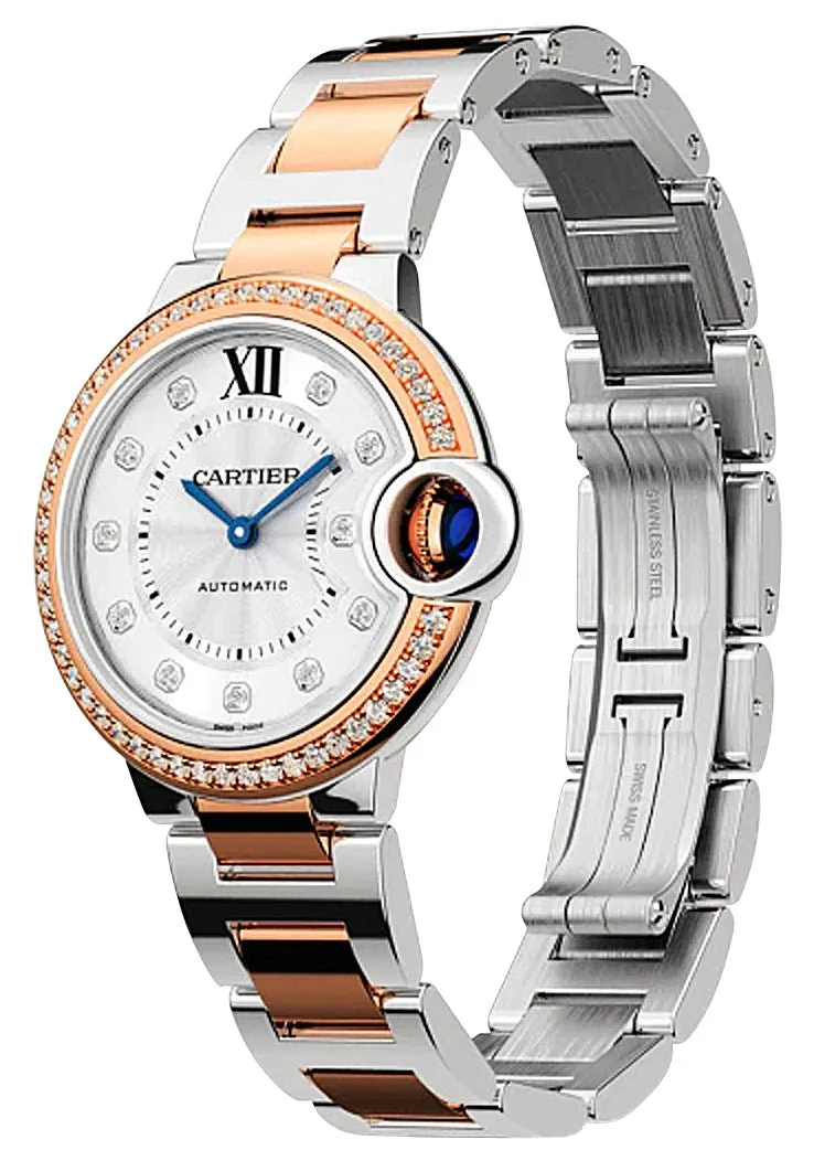 Cartier Ballon Bleu Automatic Stainless Steel & Rose Gold Silver-Tone Dial Diamonds Womens Watch WE902077