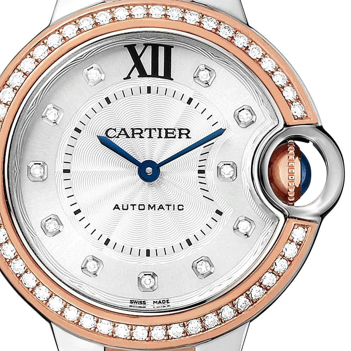 Cartier Ballon Bleu Automatic Stainless Steel & Rose Gold Silver-Tone Dial Diamonds Womens Watch WE902077