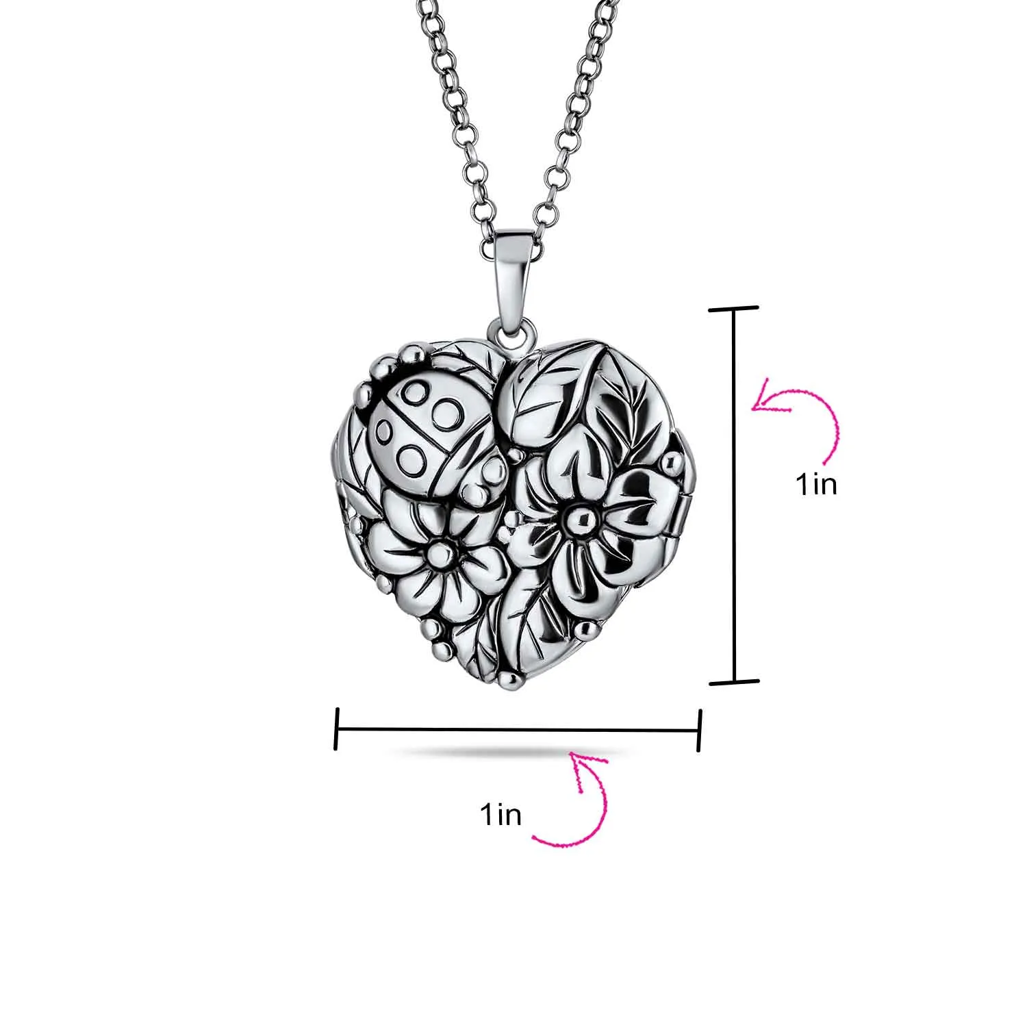 Carved Leaves Heart Locket Necklace for Photos Sterling Silver Garden Ladybug Design