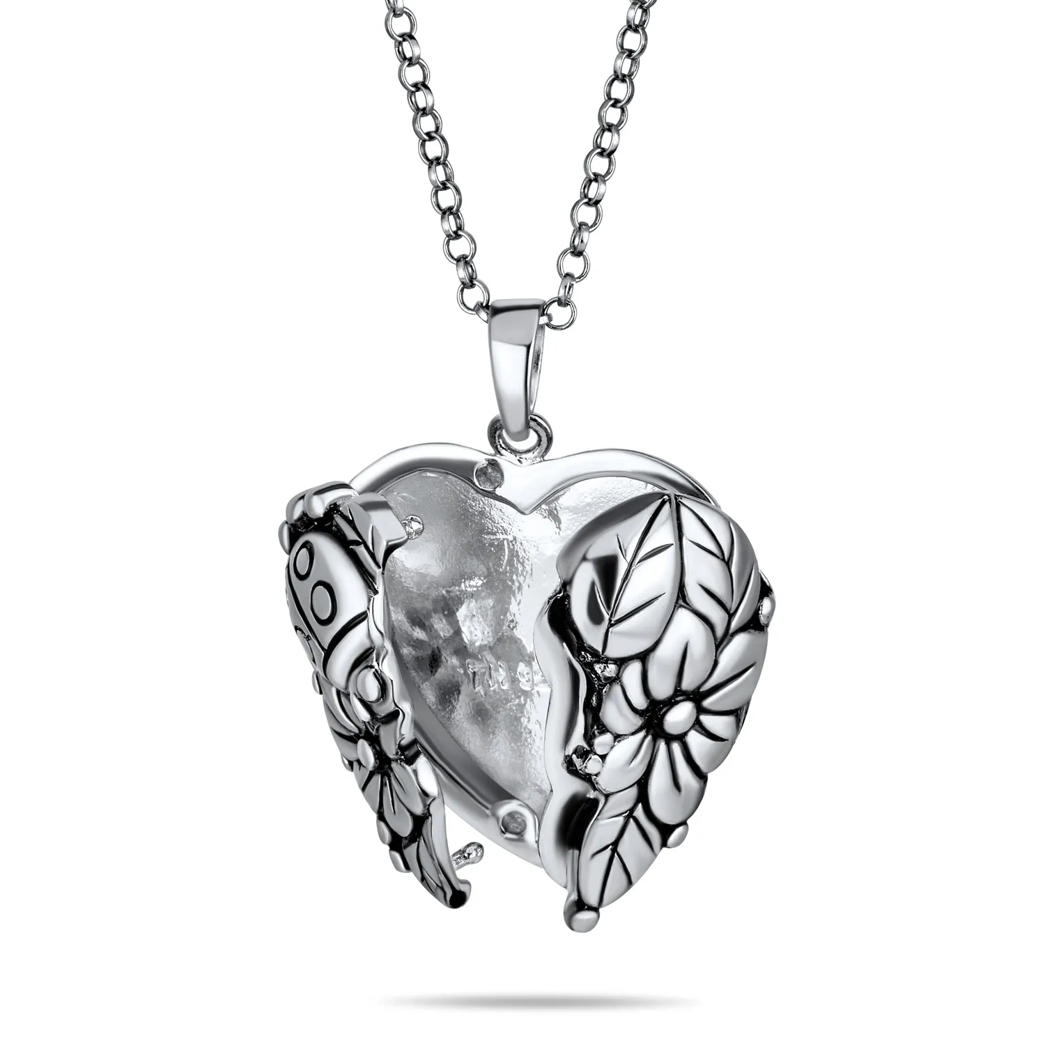 Carved Leaves Heart Locket Necklace for Photos Sterling Silver Garden Ladybug Design