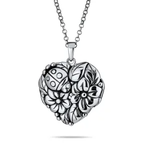 Carved Leaves Heart Locket Necklace for Photos Sterling Silver Garden Ladybug Design