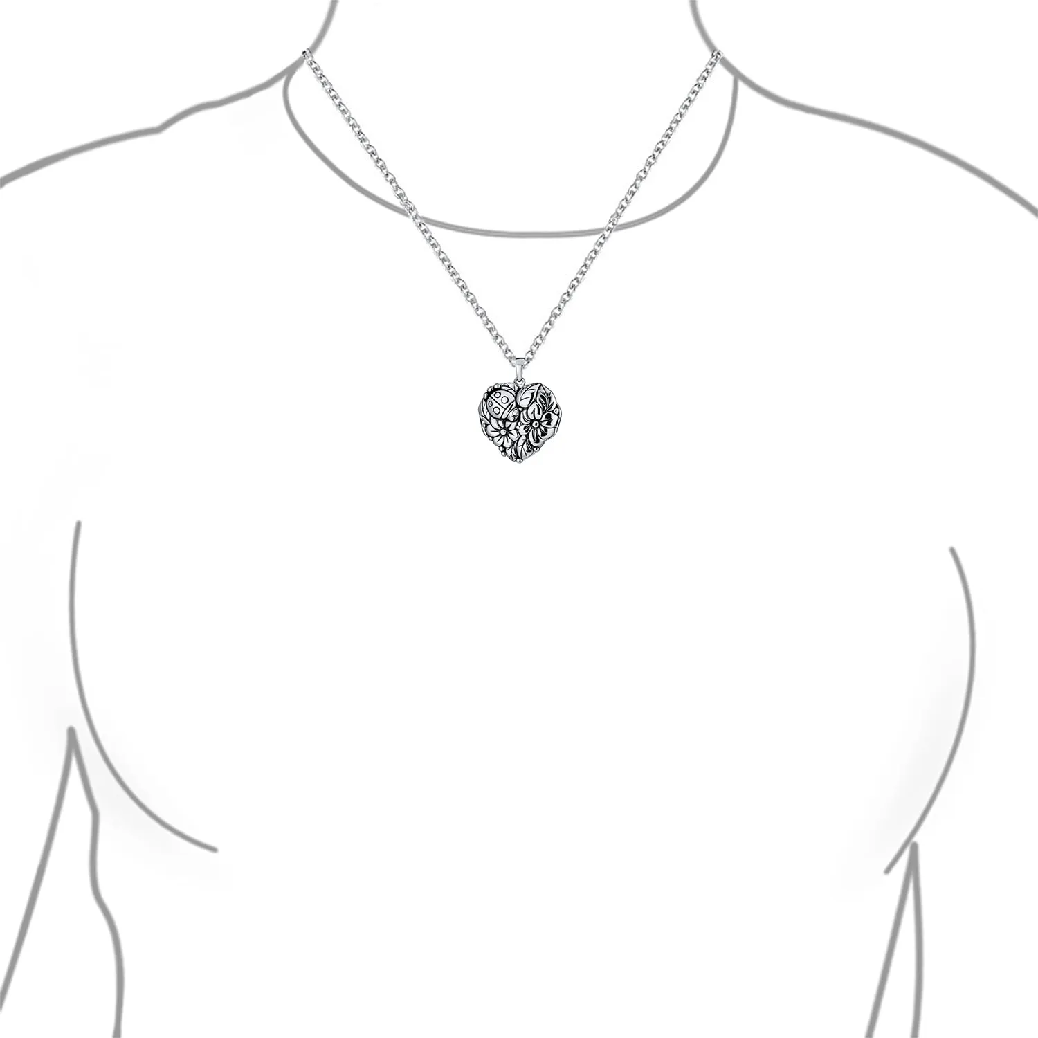 Carved Leaves Heart Locket Necklace for Photos Sterling Silver Garden Ladybug Design