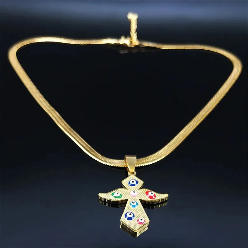 Catholic Cross Stainless Steel Chain Necklace Women Gold Color Angel Wing Necklace
