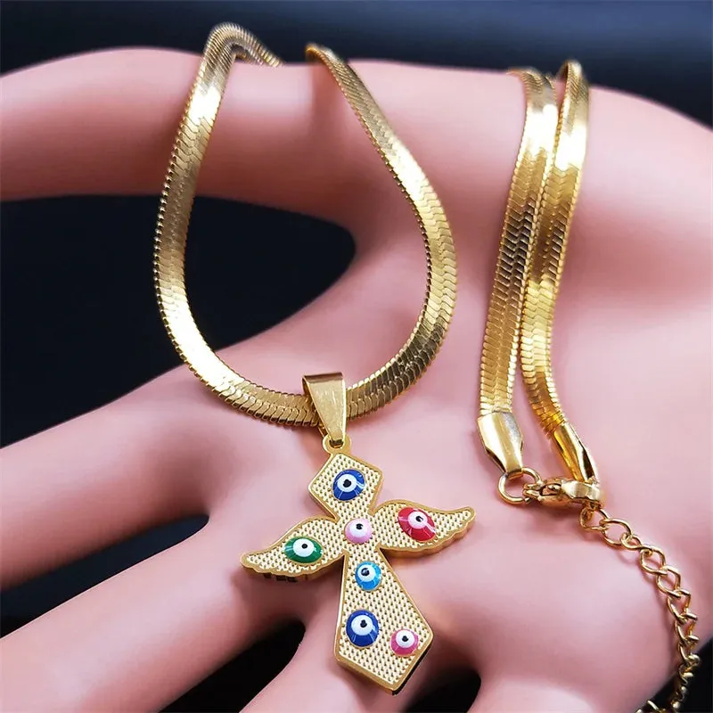 Catholic Cross Stainless Steel Chain Necklace Women Gold Color Angel Wing Necklace