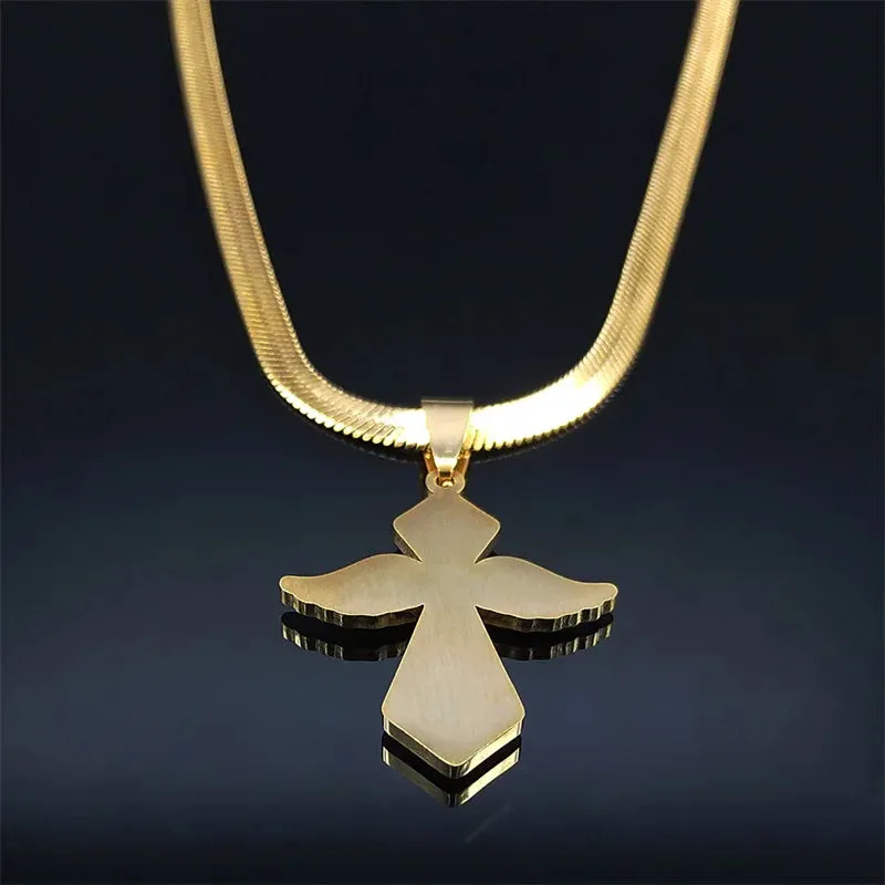 Catholic Cross Stainless Steel Chain Necklace Women Gold Color Angel Wing Necklace