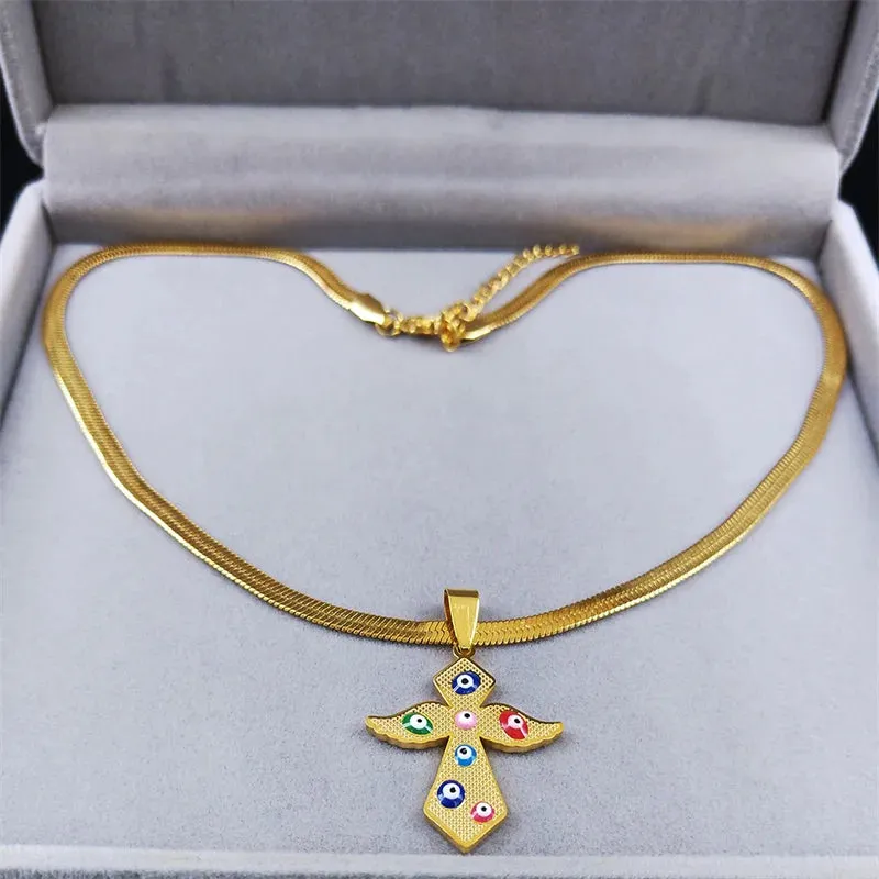 Catholic Cross Stainless Steel Chain Necklace Women Gold Color Angel Wing Necklace
