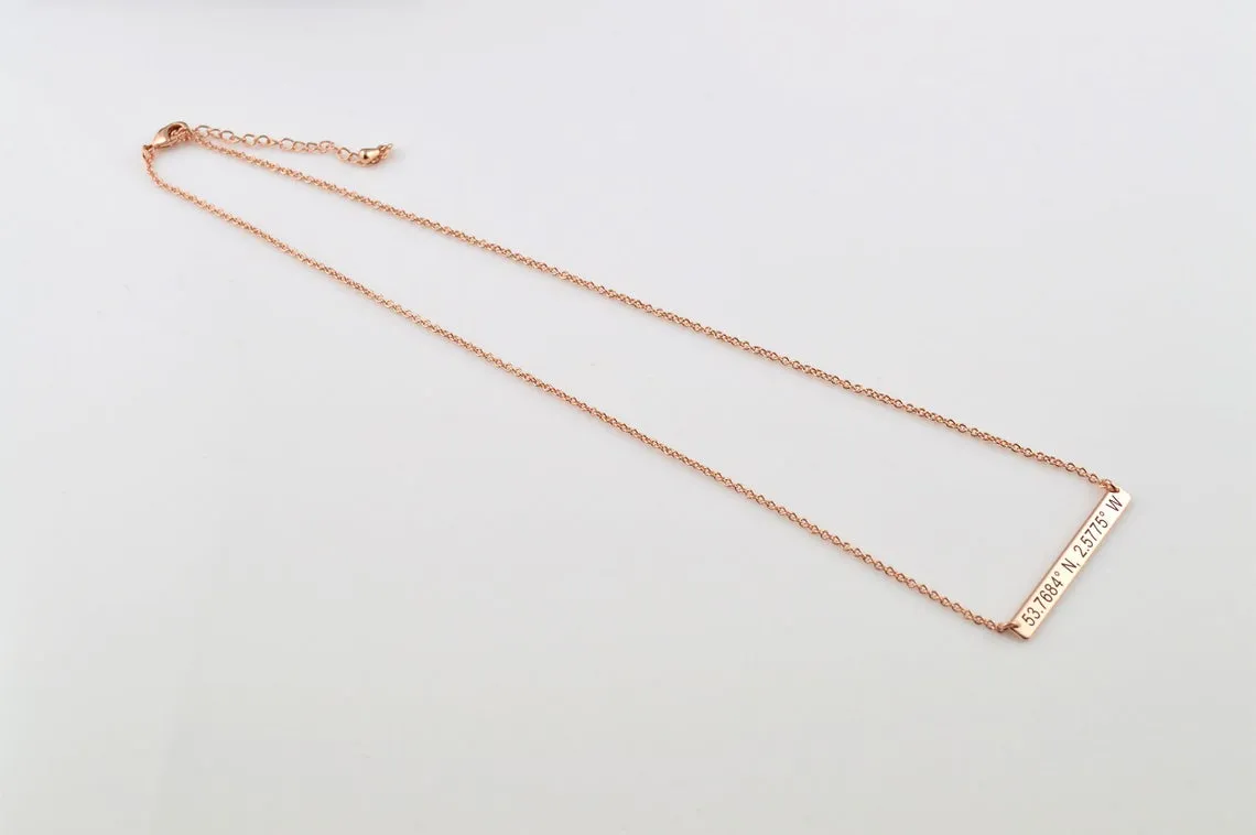 Coordinates Bar Necklace, Engraved Bar Necklace, Rose Gold Jewelry, Necklaces for Women, Dainty Personalised Jewellery, Name Necklace