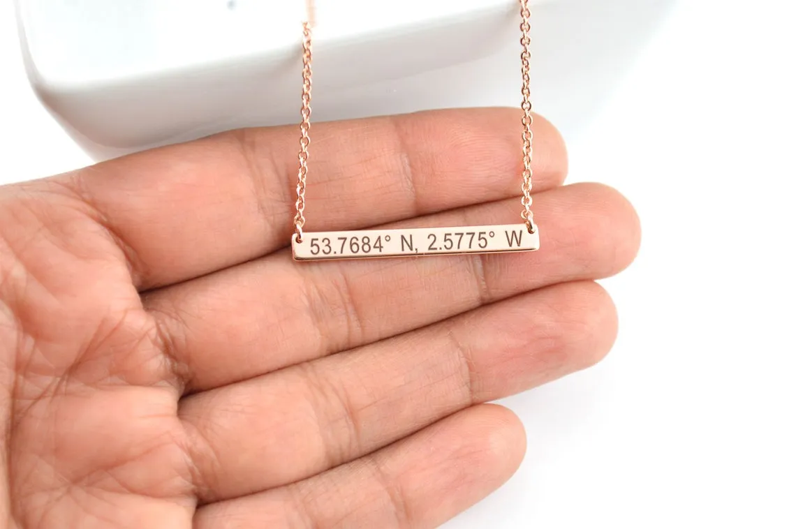 Coordinates Bar Necklace, Engraved Bar Necklace, Rose Gold Jewelry, Necklaces for Women, Dainty Personalised Jewellery, Name Necklace