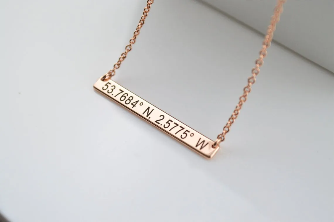 Coordinates Bar Necklace, Engraved Bar Necklace, Rose Gold Jewelry, Necklaces for Women, Dainty Personalised Jewellery, Name Necklace