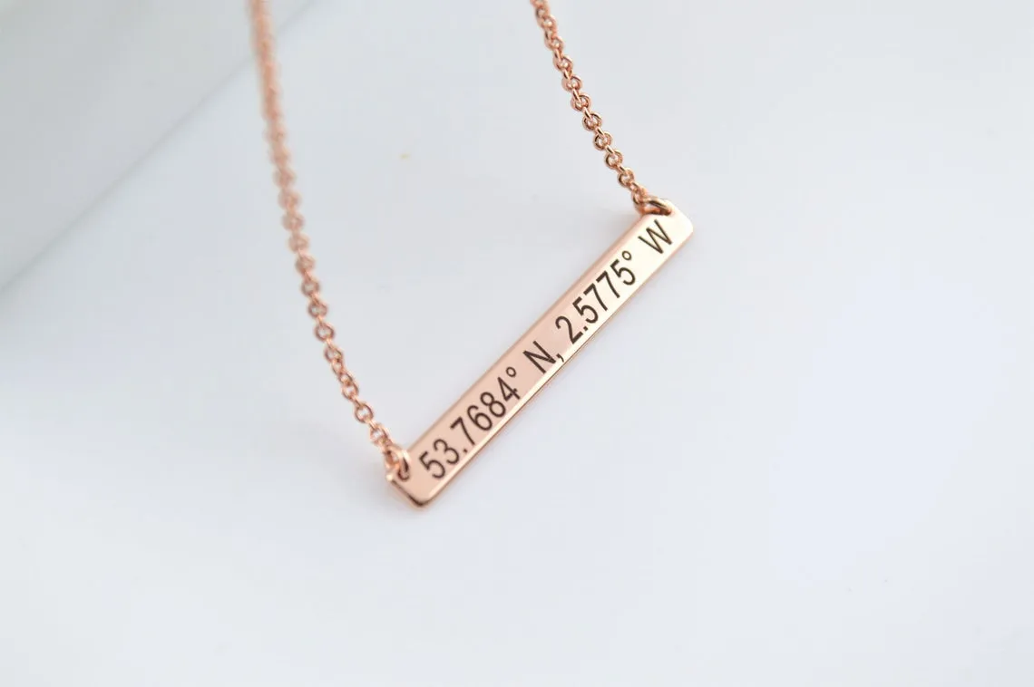 Coordinates Bar Necklace, Engraved Bar Necklace, Rose Gold Jewelry, Necklaces for Women, Dainty Personalised Jewellery, Name Necklace