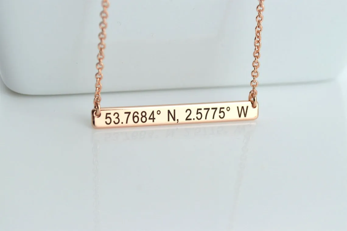 Coordinates Bar Necklace, Engraved Bar Necklace, Rose Gold Jewelry, Necklaces for Women, Dainty Personalised Jewellery, Name Necklace