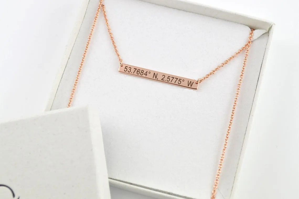 Coordinates Bar Necklace, Engraved Bar Necklace, Rose Gold Jewelry, Necklaces for Women, Dainty Personalised Jewellery, Name Necklace