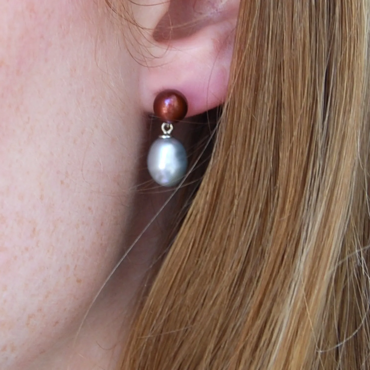 Copper & Grey Freshwater Pearl Mini Silver Drop Earrings