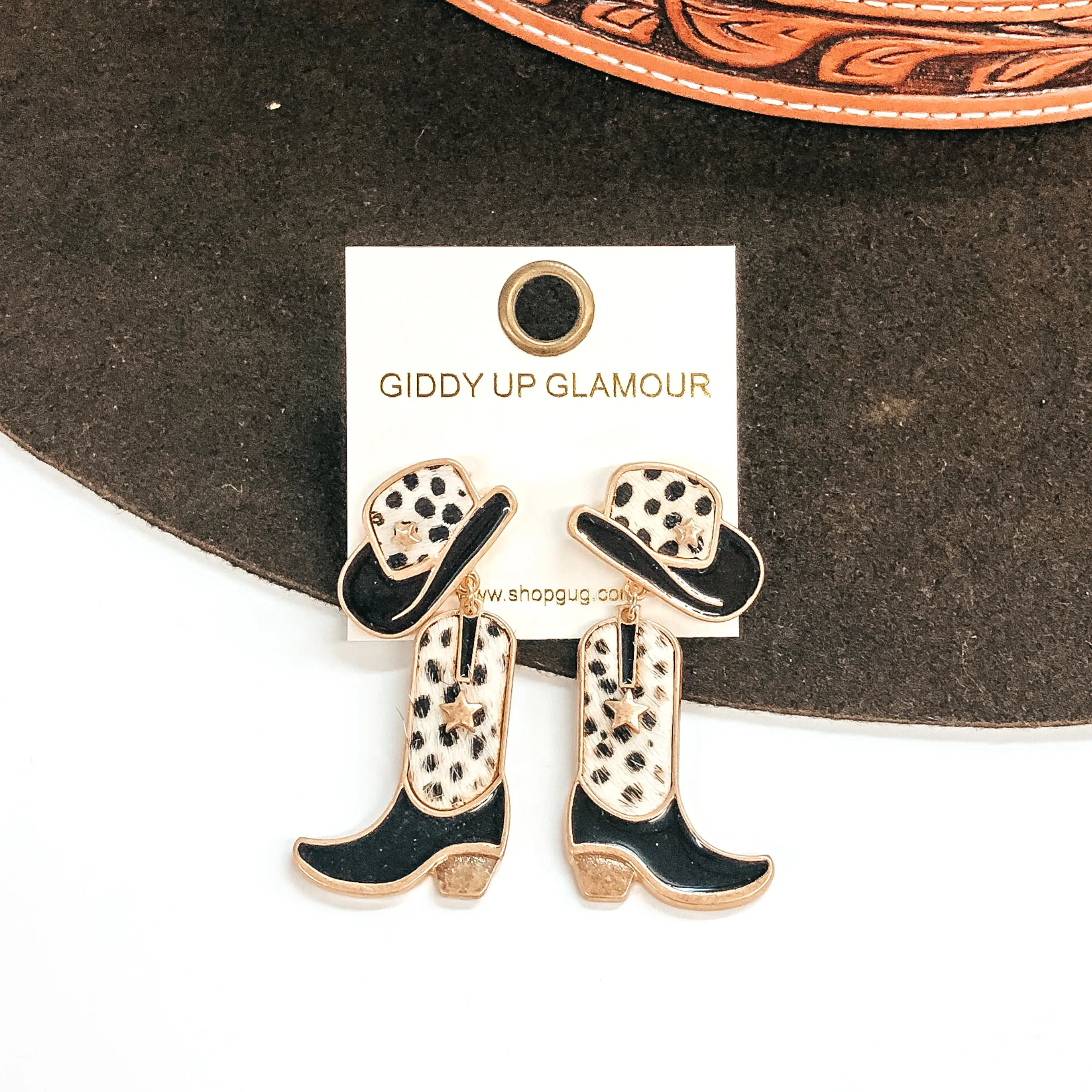 Cowgirl Dreams Hat and Boot Earrings in Black and Faux Hide Dotted Print