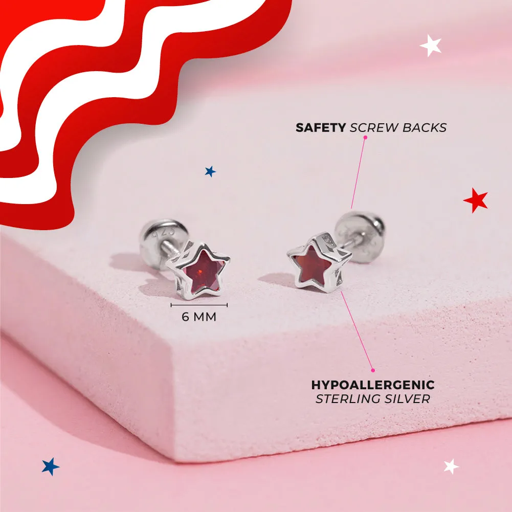 CZ Birthstone Star Simulated Garnet Kids / Children's / Girls Earrings Screw Back - Sterling Silver