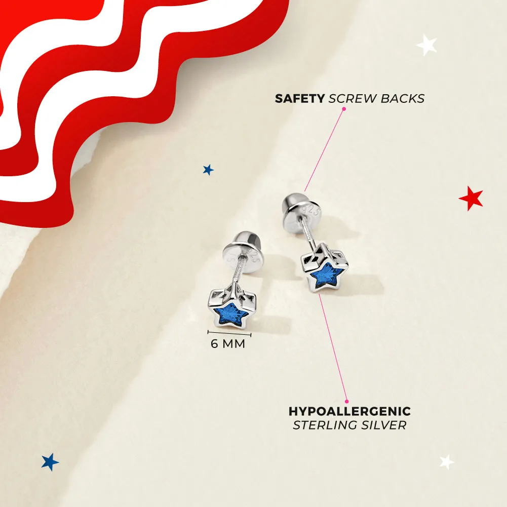 CZ Birthstone Star Simulated Sapphire Kids / Children's / Girls Earrings Screw Back - Sterling Silver