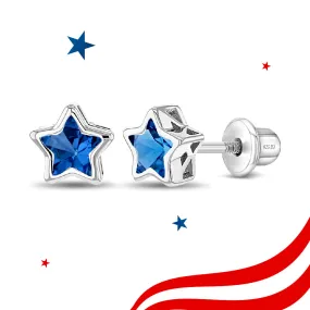CZ Birthstone Star Simulated Sapphire Kids / Children's / Girls Earrings Screw Back - Sterling Silver