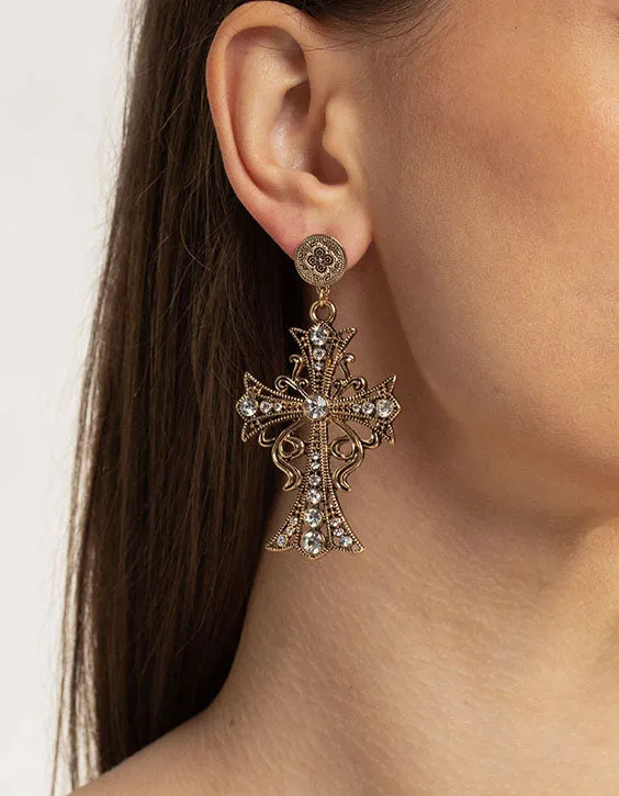 Diamante Cross Drop Earrings