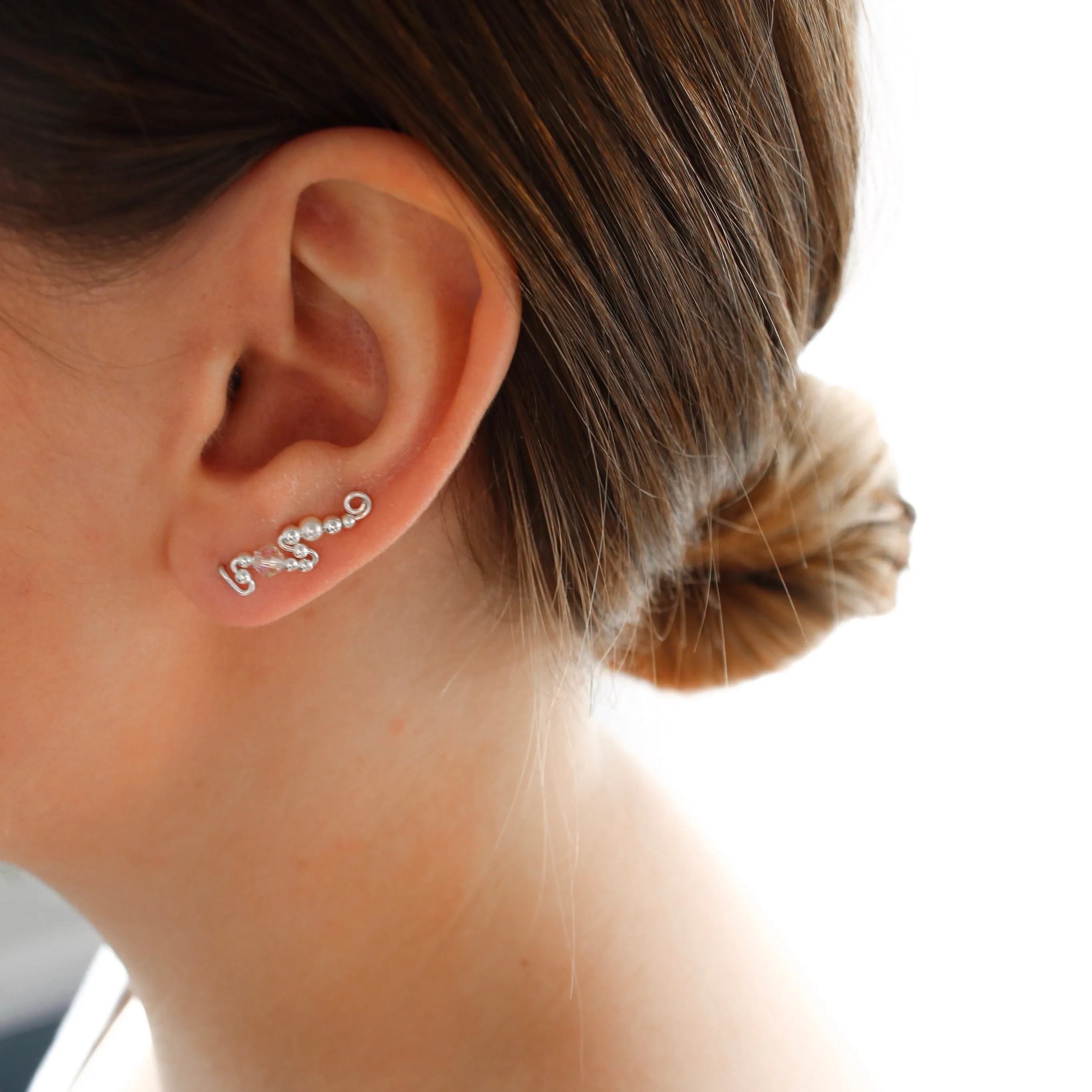 Ear Wings Clear Crystals and Cream Pearls Sterling Silver