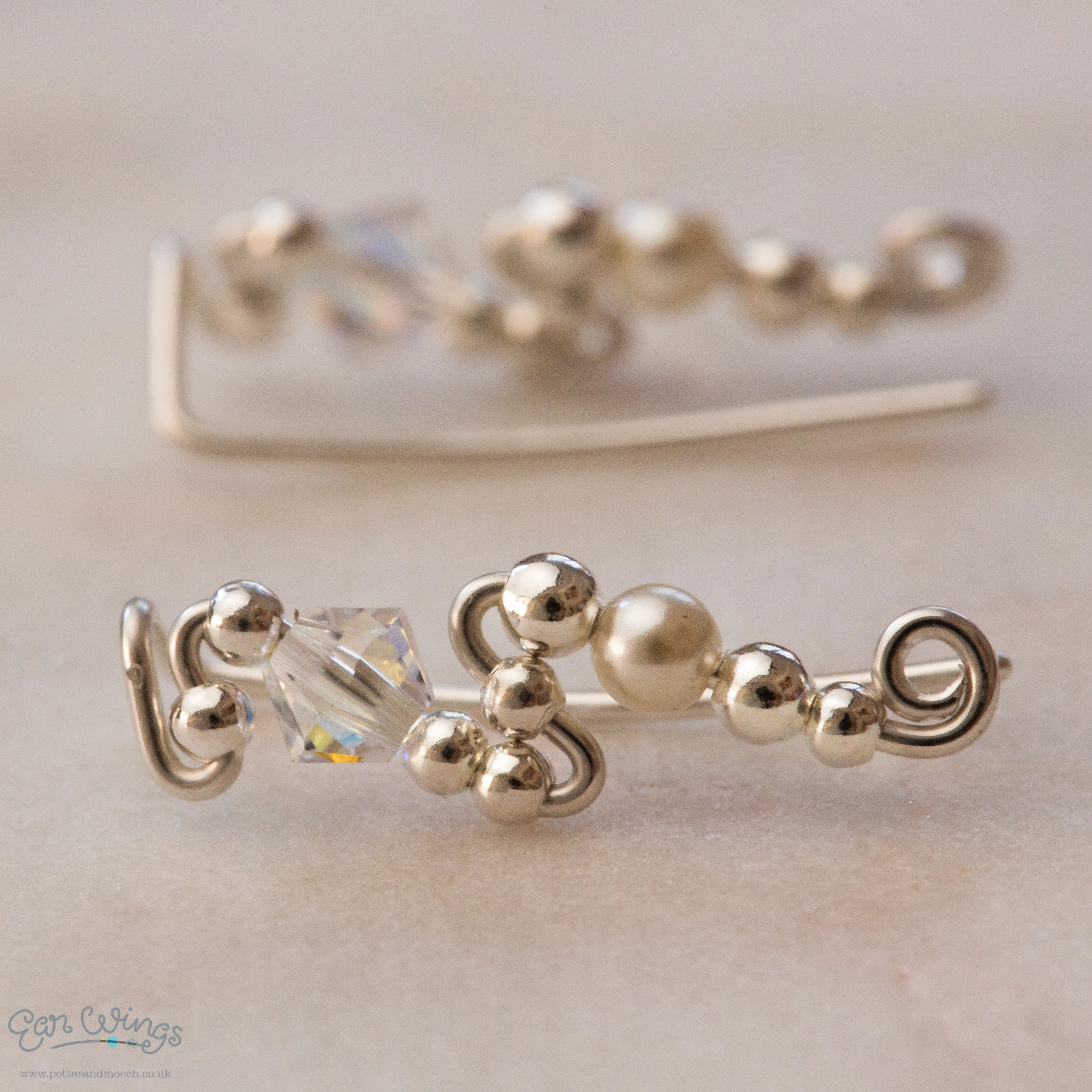 Ear Wings Clear Crystals and Cream Pearls Sterling Silver