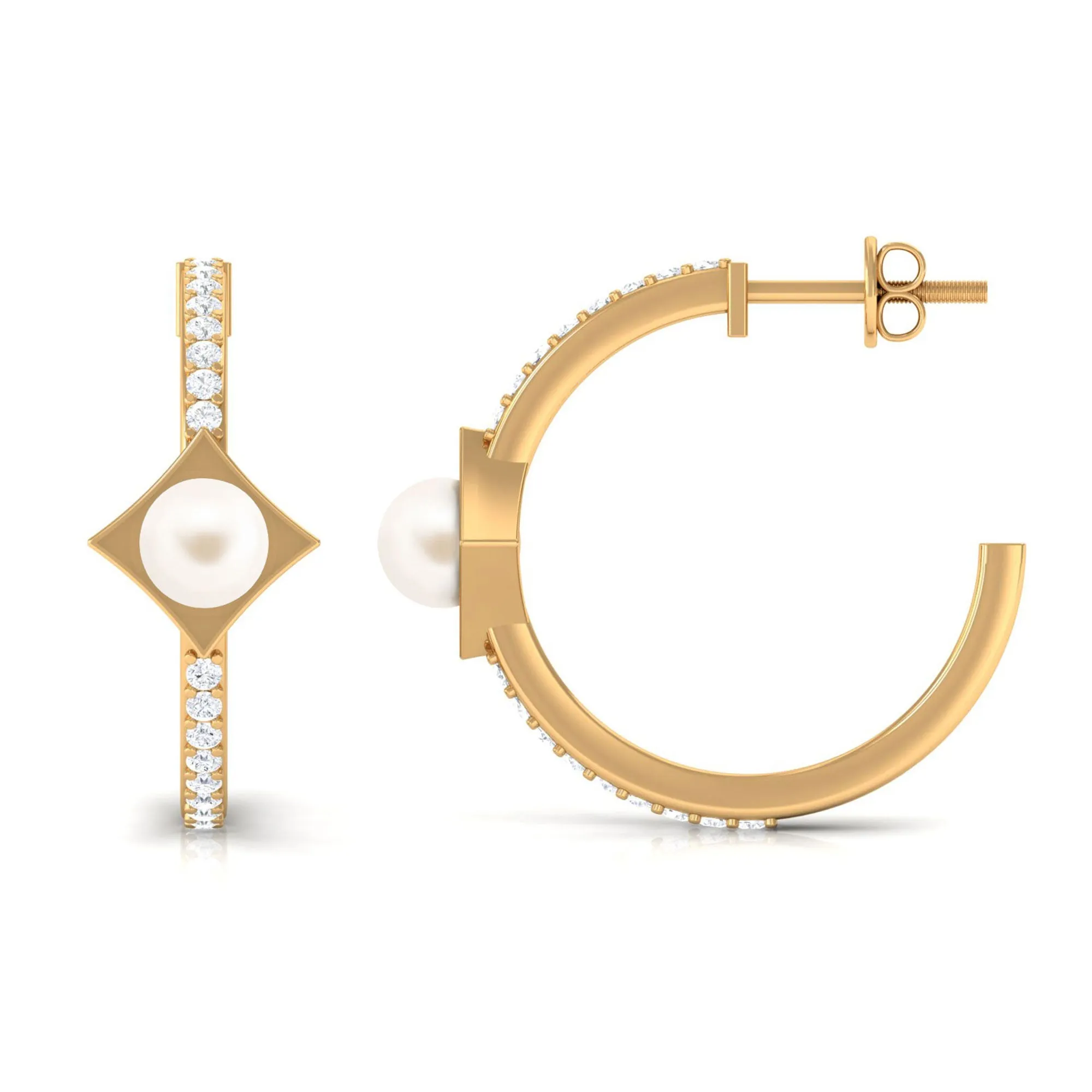 Elegant White Pearl Half Hoop Earrings with Diamond