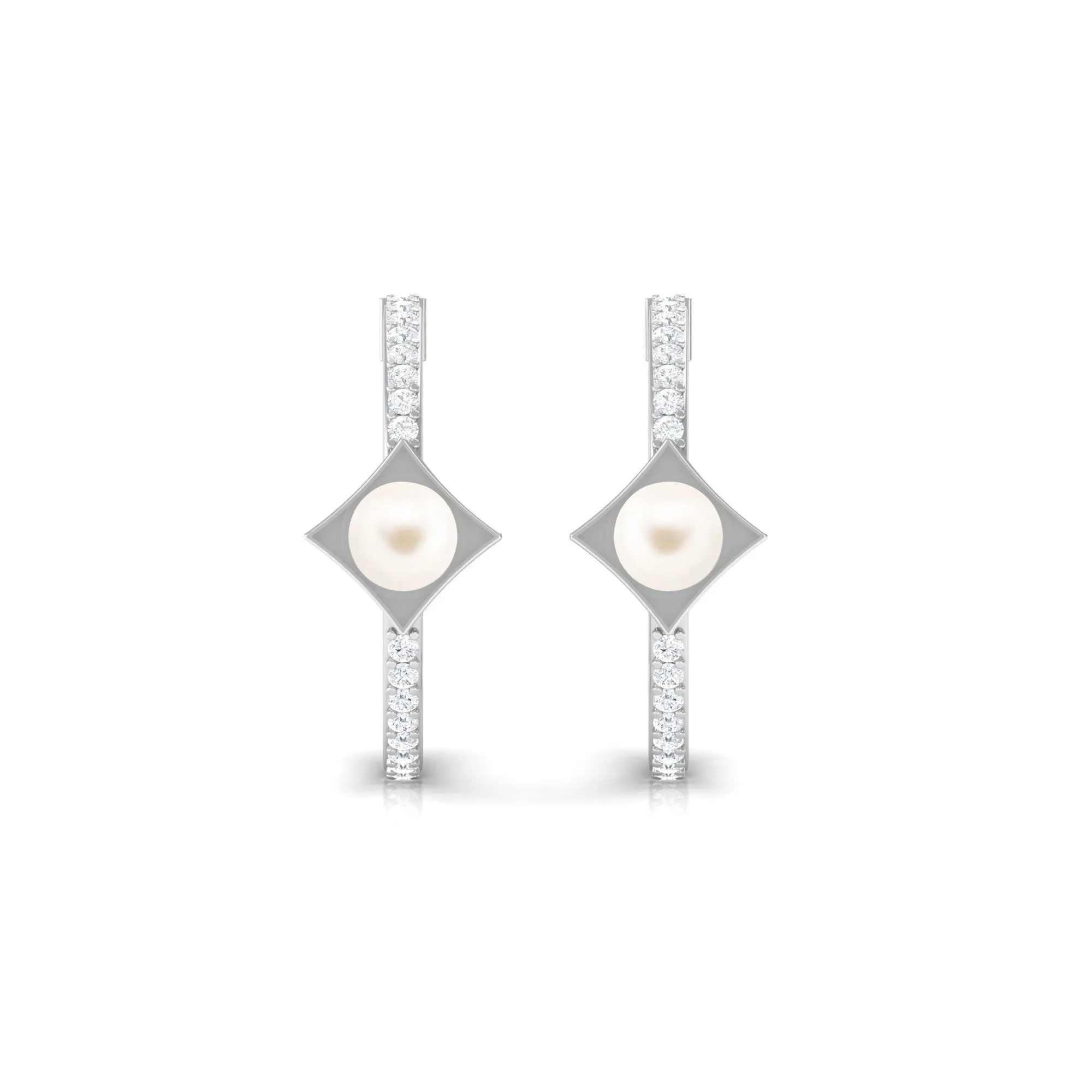 Elegant White Pearl Half Hoop Earrings with Diamond